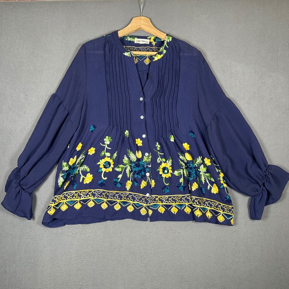 Hope Springs Blouse Womens L Navy Blue Floral Embroidered Pintuck Ruffle Sleeve